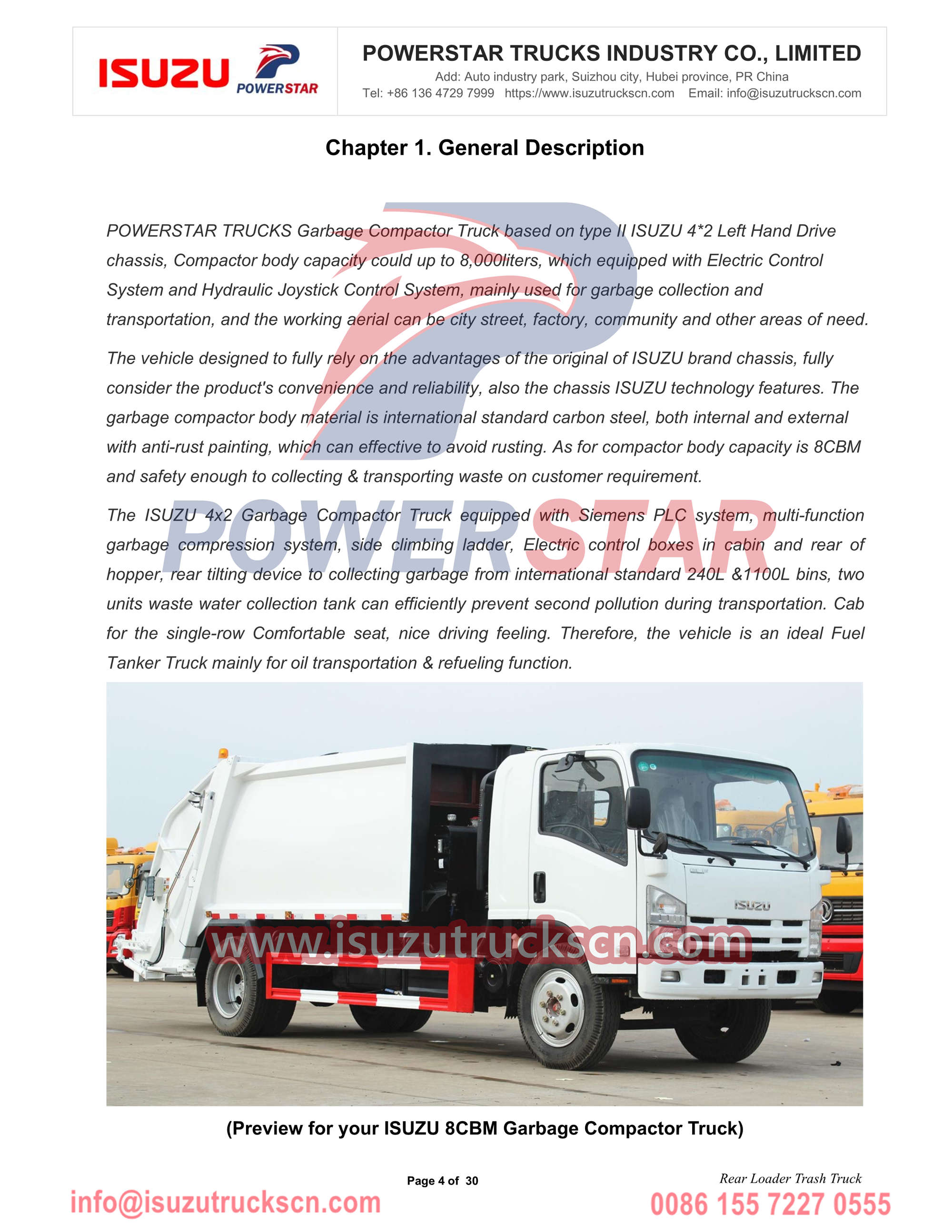 ISUZU NPR 8cbm rear end loader compactor truck operation manual