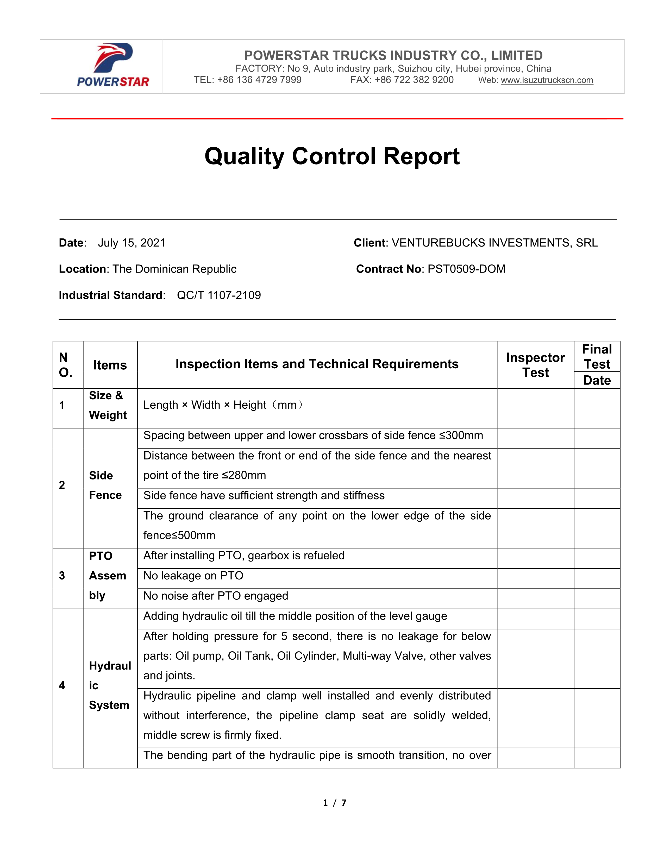 Isuzu Garbage Compactor Truck Quality Control Report