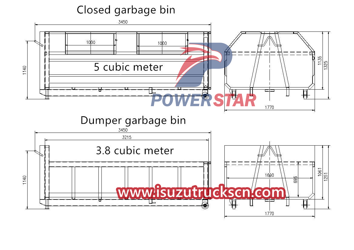 Technical drawing of Isuzu ELF 600P hook loader truck 5cbm waste box