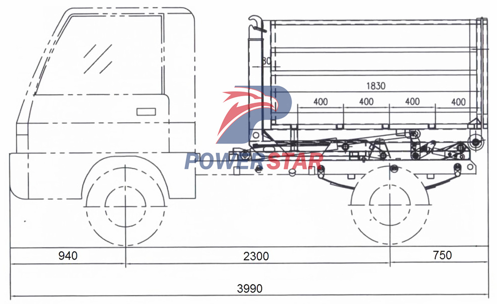 Technical drawing of Isuzu ELF 600P hook loader truck