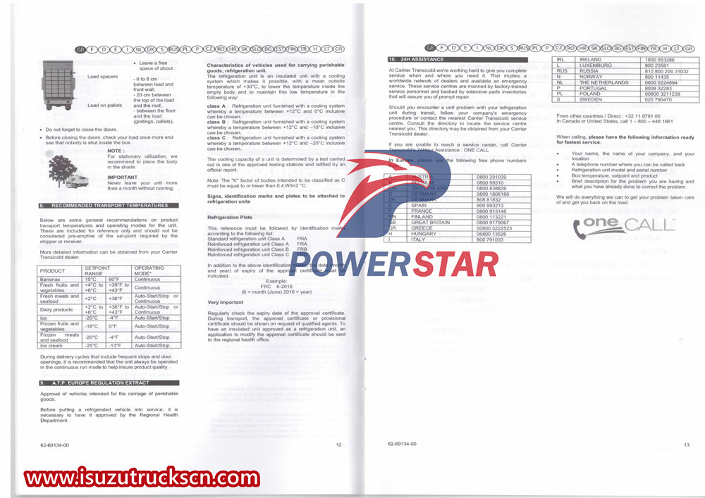 Isuzu freezer truck CARRIER SUPRA Independent refrigeration unit operation manual