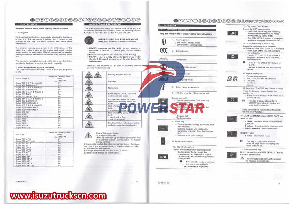 Isuzu freezer truck CARRIER SUPRA Independent refrigeration unit operation manual
