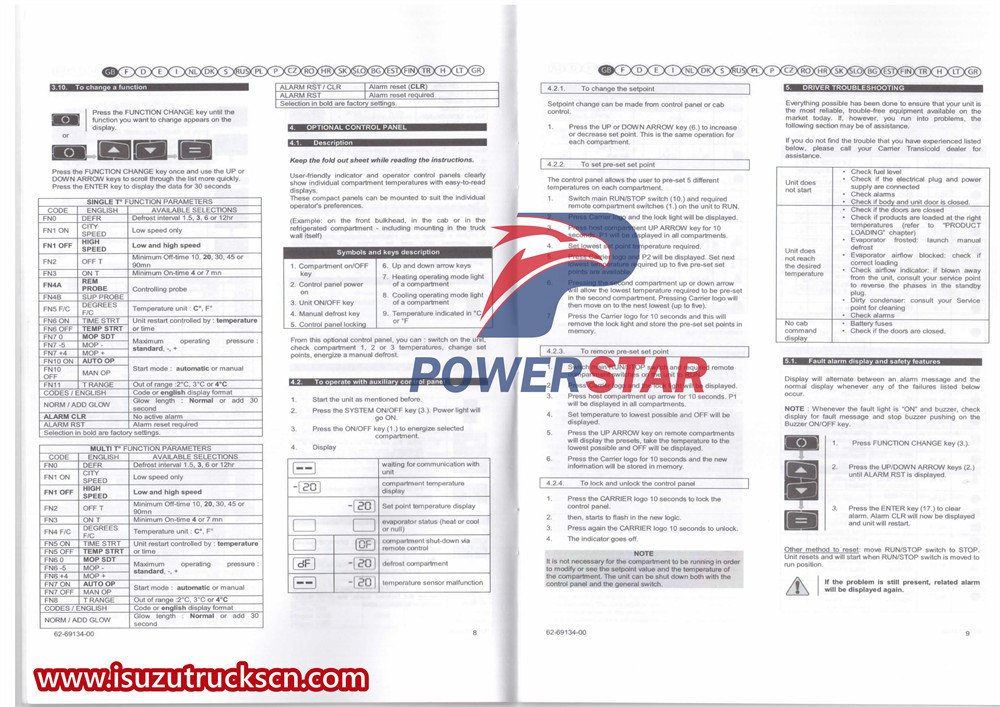 Isuzu freezer truck CARRIER SUPRA Independent refrigeration unit operation manual