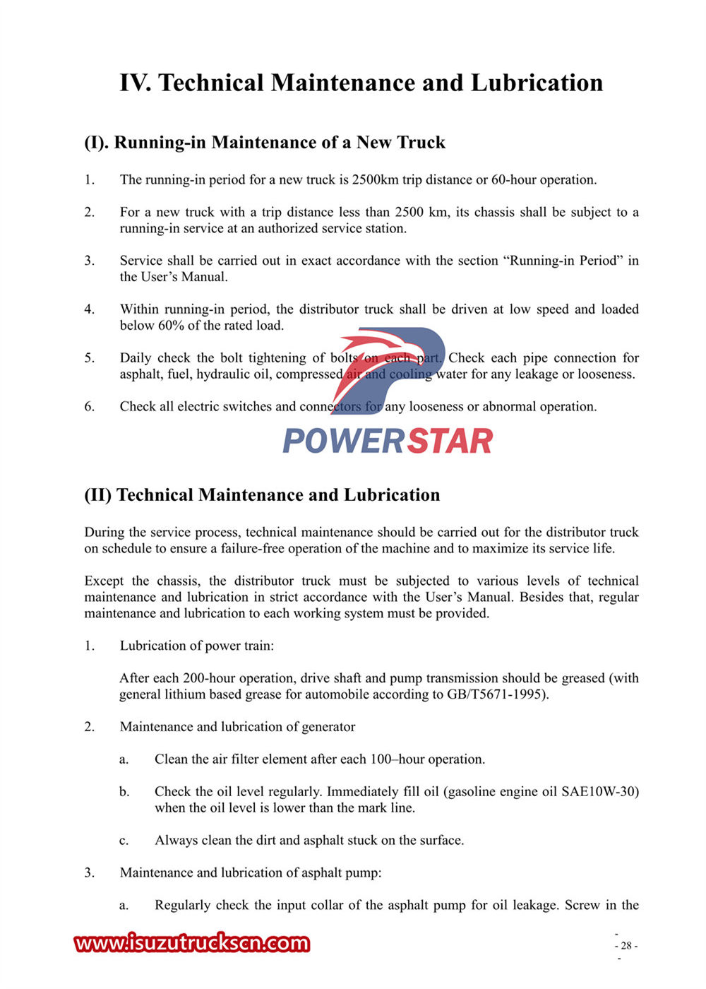 Isuzu FTR Intelligent Asphalt Distributor Truck User's Manual