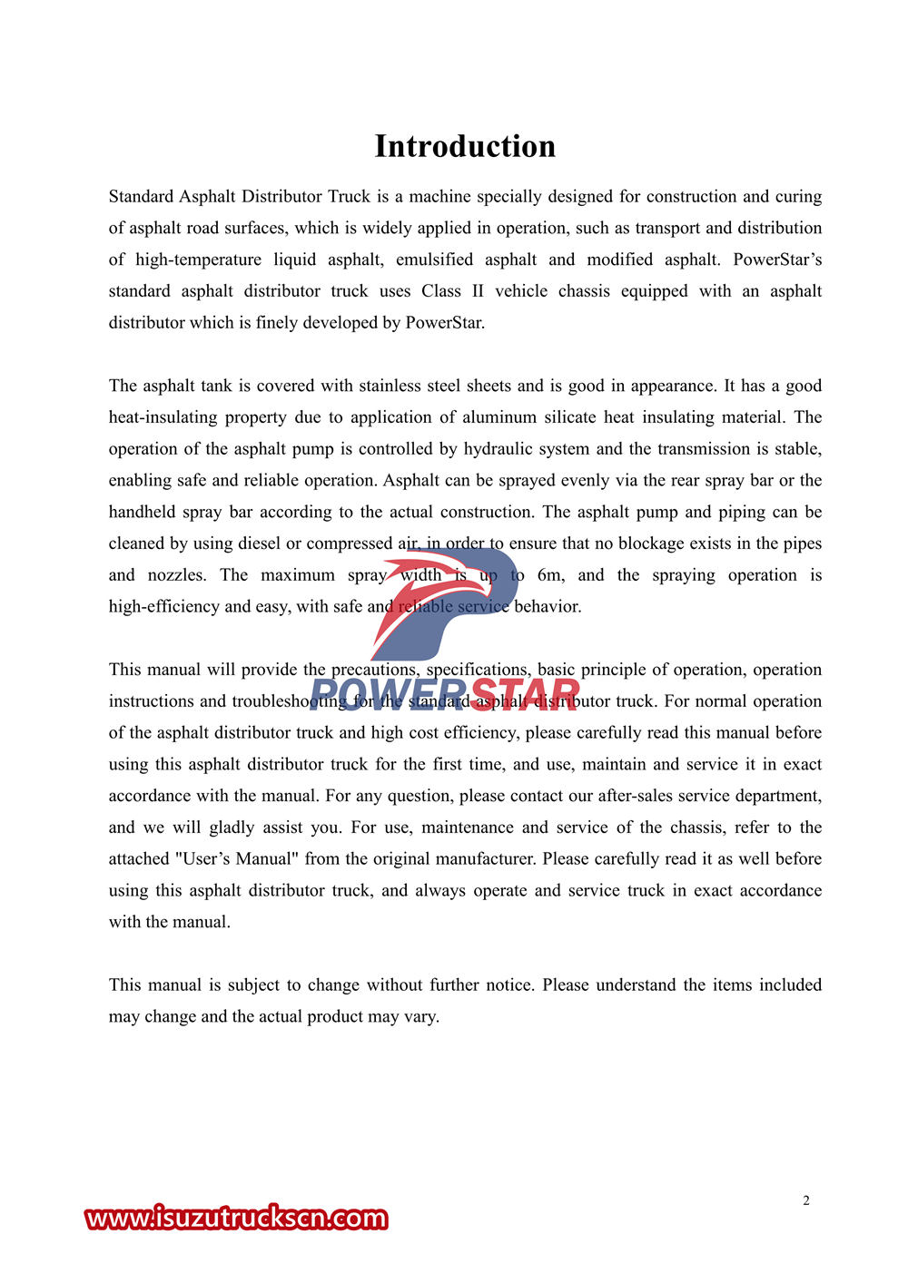 Isuzu Semi-Automatic Asphalt Distributor Truck User’s Manual 