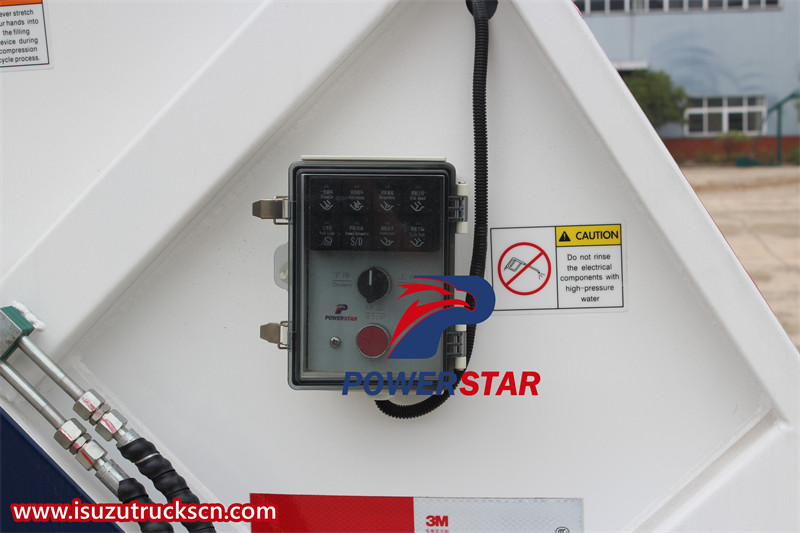 Isuzu ELF waste compactor truck rear operation box