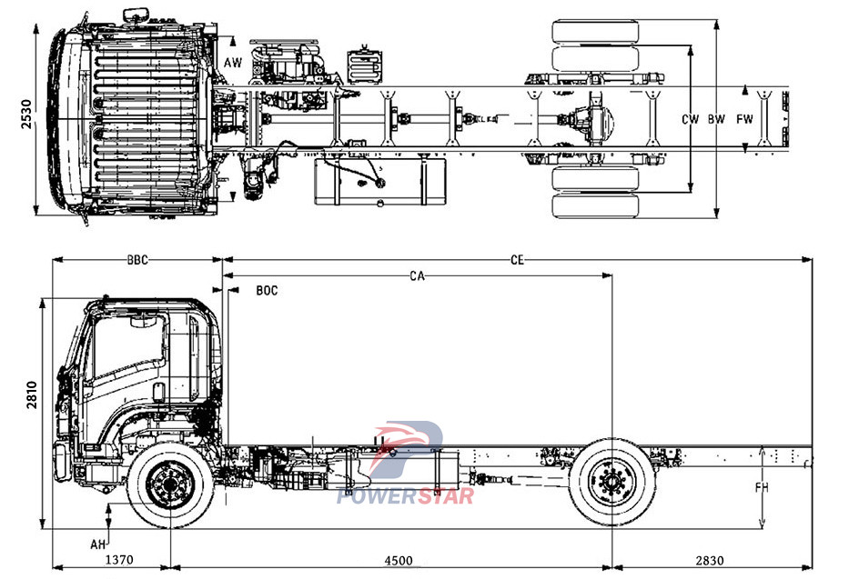 Technical drawing of New ISUZU FVR GIGA 5X cabin chassis truck 18tons